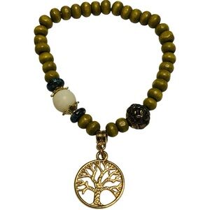 Boho Tree of Life Goldtone Olive Green Wood Beaded Stretch Bracelet NWOT BOHO